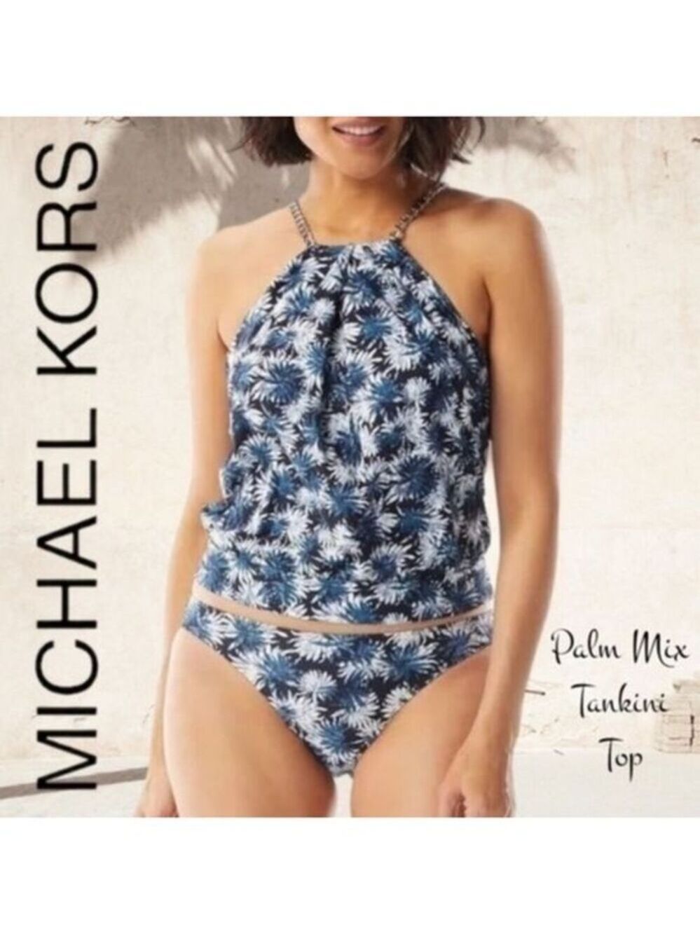 MICHAEL KORS NWT Palm Mix Blouson High Neck Chain Detail Tankini TOP/Md